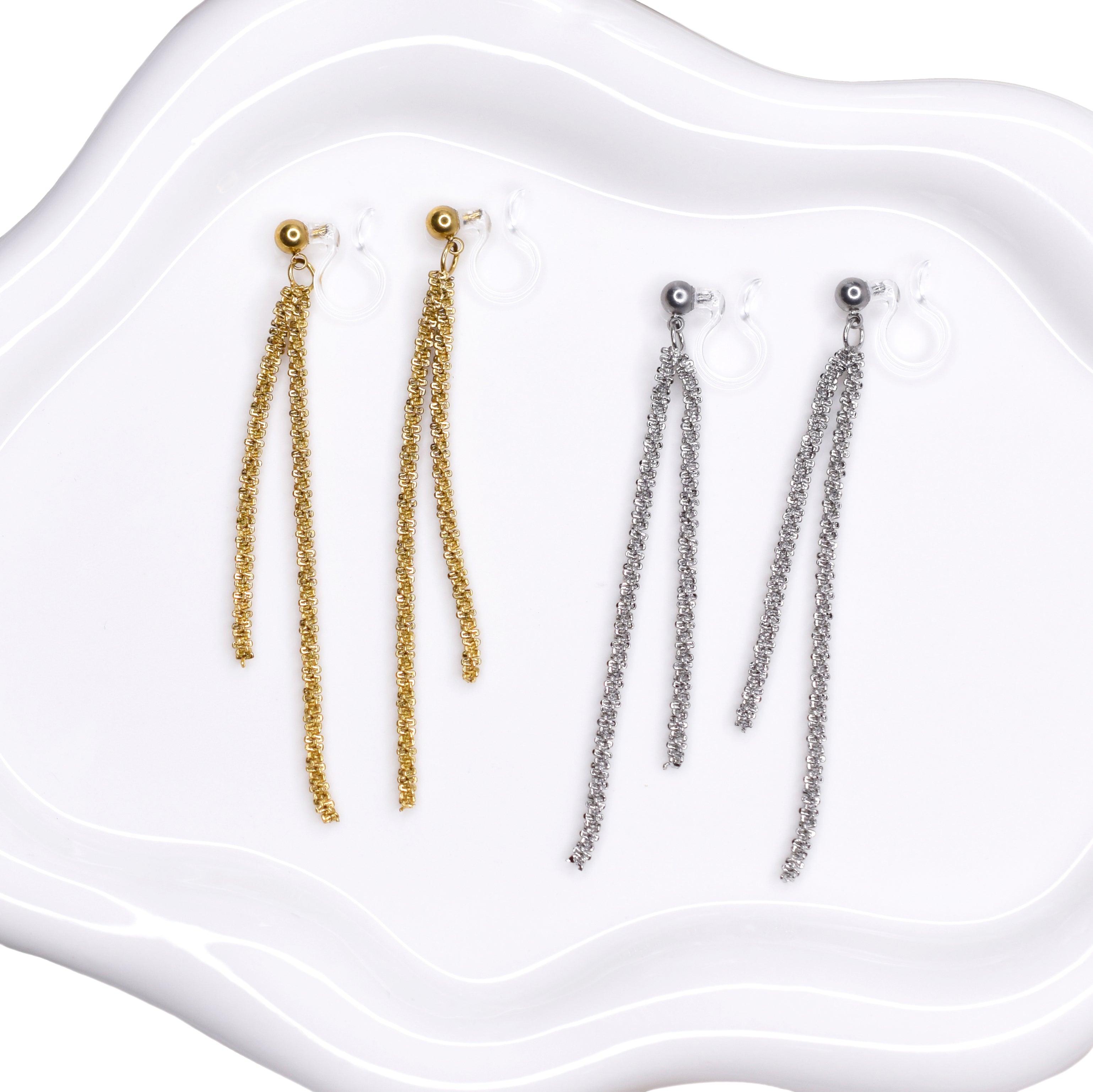 ASYMMETRIC DOUBLE DANGLE CLIP-ON EARRINGS IN GOLD