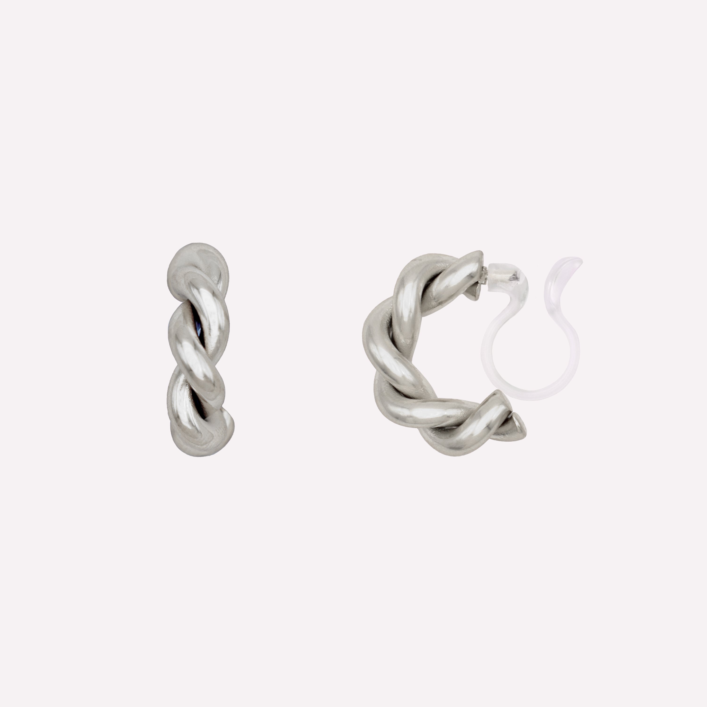 CHUNKY TWIST HUGGIE HOOP CLIP-ON EARRINGS IN SILVER